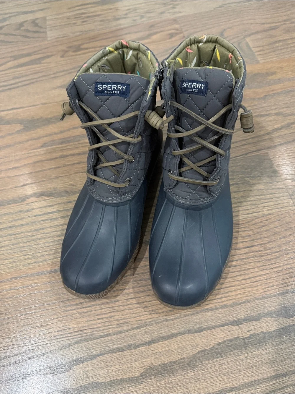 Sperry Quilted Navy and Olive Waterproof Duck Boots